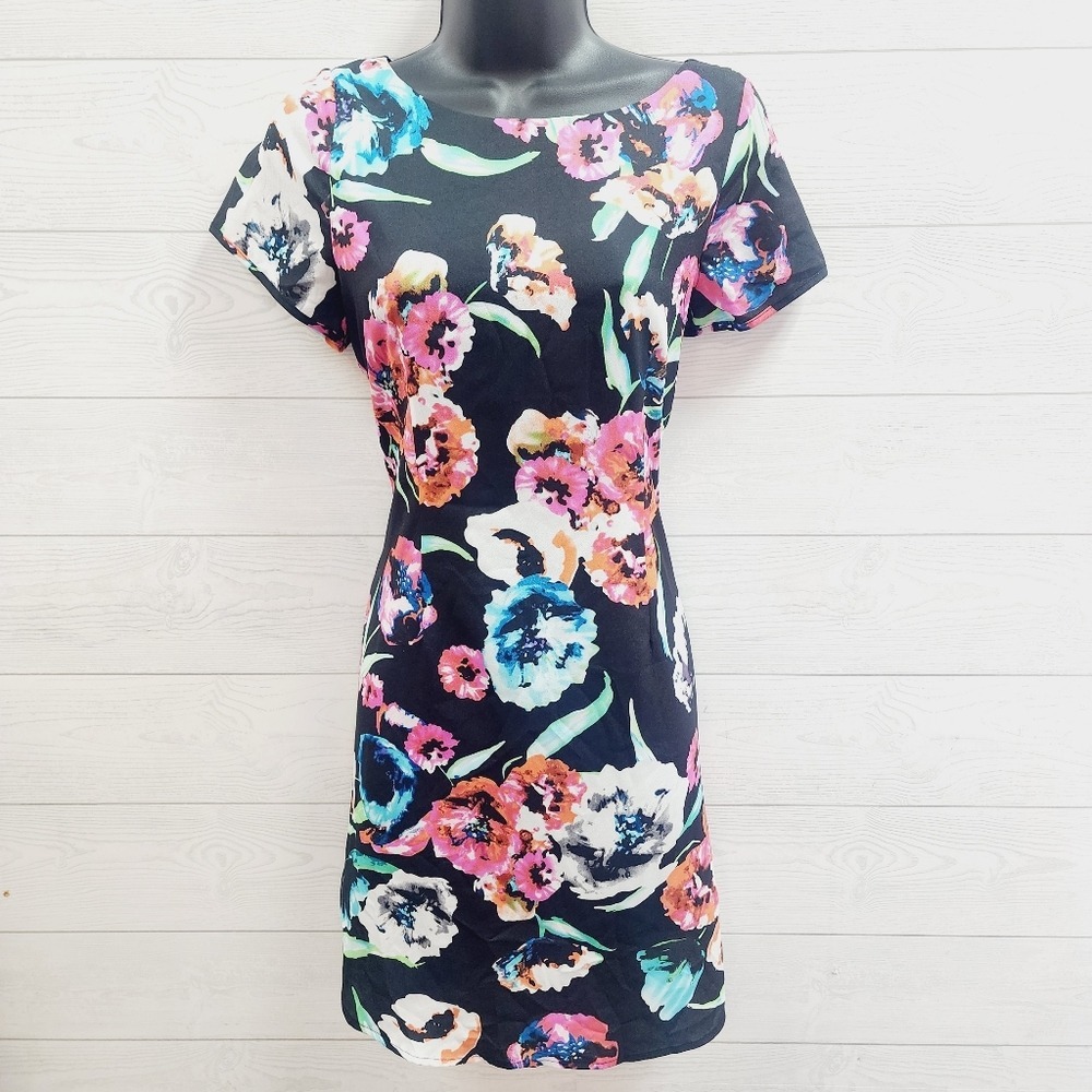 Yumi Kim Womens Floral Shift Dress Black Pink Blue Short Sleeve Size S Full Zip